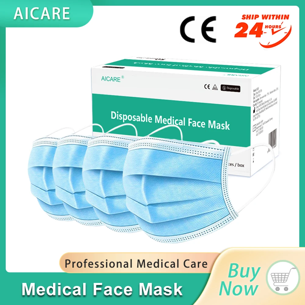 

AICARE Disposable Medical Face Mask Mascarillas 3 Layer Ply Filter Meltblown Non-Woven Breathable Anti-Dust Mouth Earloops Mask