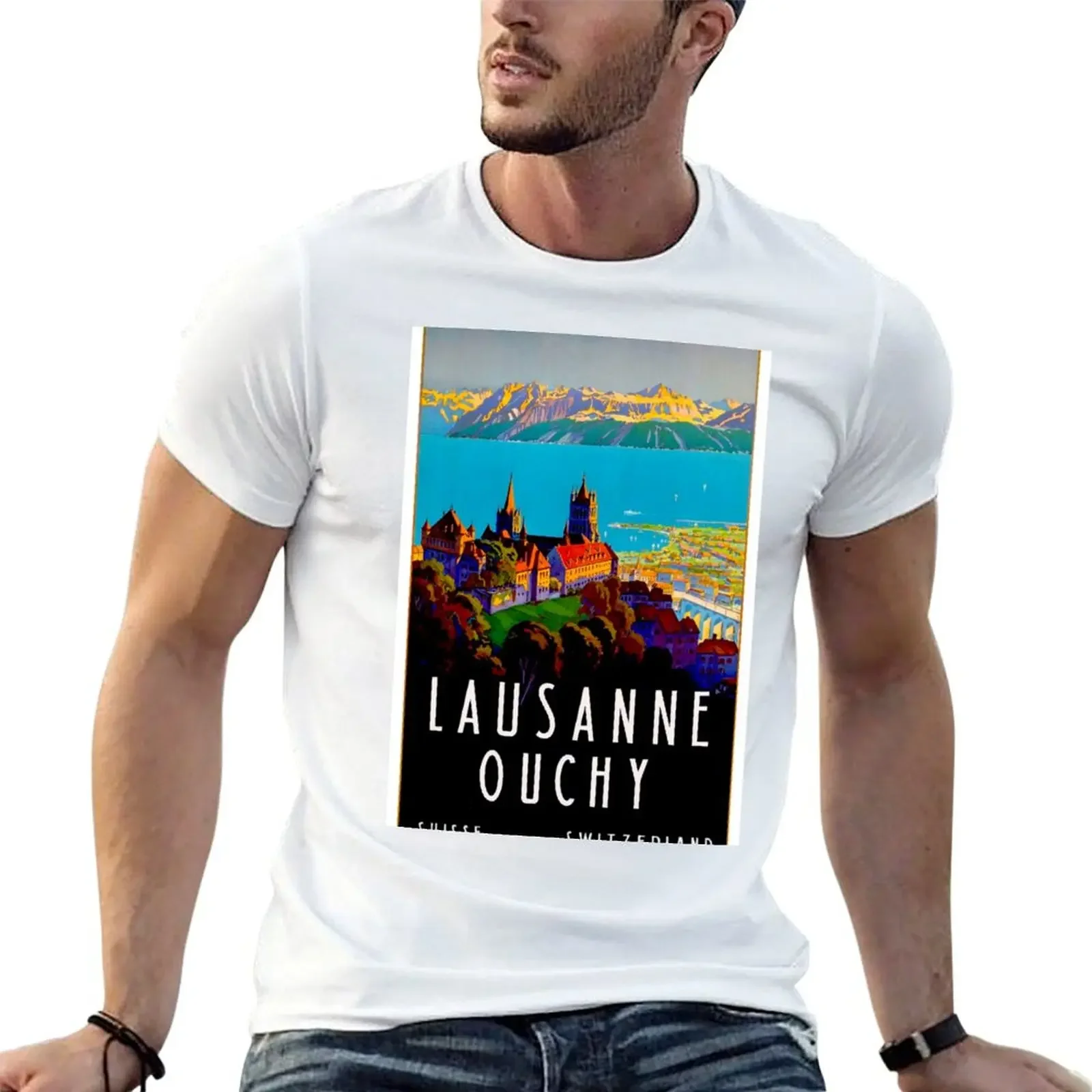 Винтажная футболка Швейцарская Lausanne Ouchy Travel 1929 на заказ с фигурками аниме для
