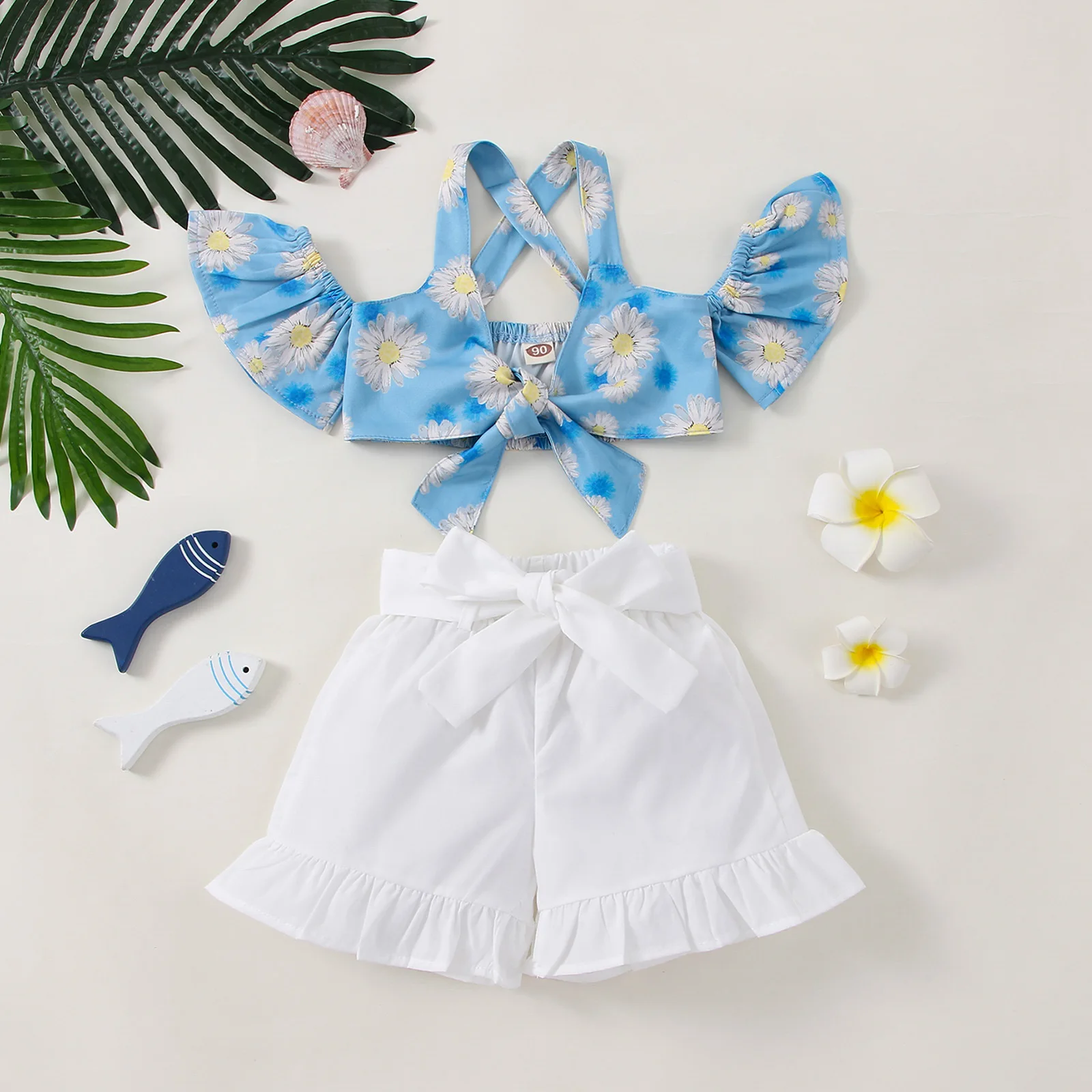 

2023 New Children's Baby Girl Casual Suit With Printed Sleeveless Back Suspender Top + Solid Color Shorts 2 3 4 5 6 7 Years Old