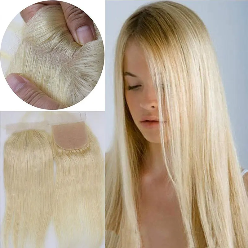 

Silk Base Top 4x4" Lace Closures Brazilian Virgin Human Hair Silk Straight Natural Blonde #613 Color Free Part Closure for Women