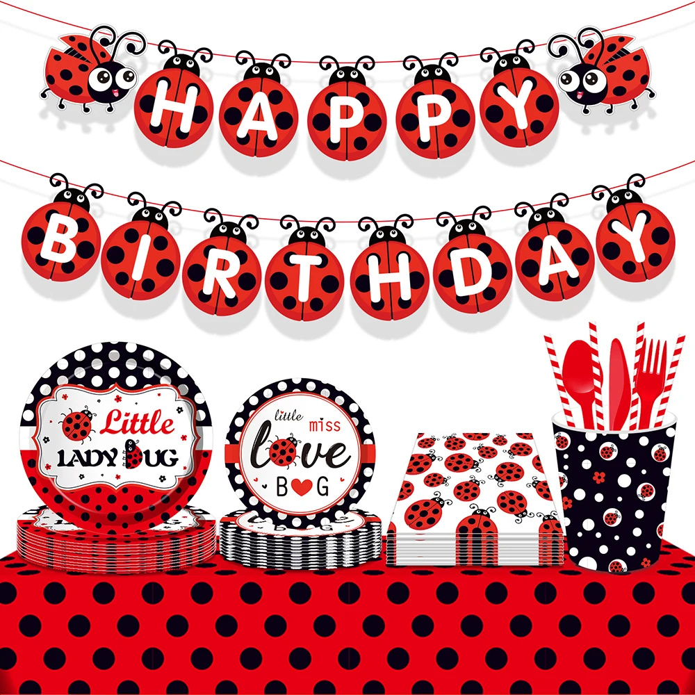 

Little Ladybug Birthday Party Disposable Tableware Supplies Paper Dinner Plates Polka Dot Napkins Cups and Tablecloth