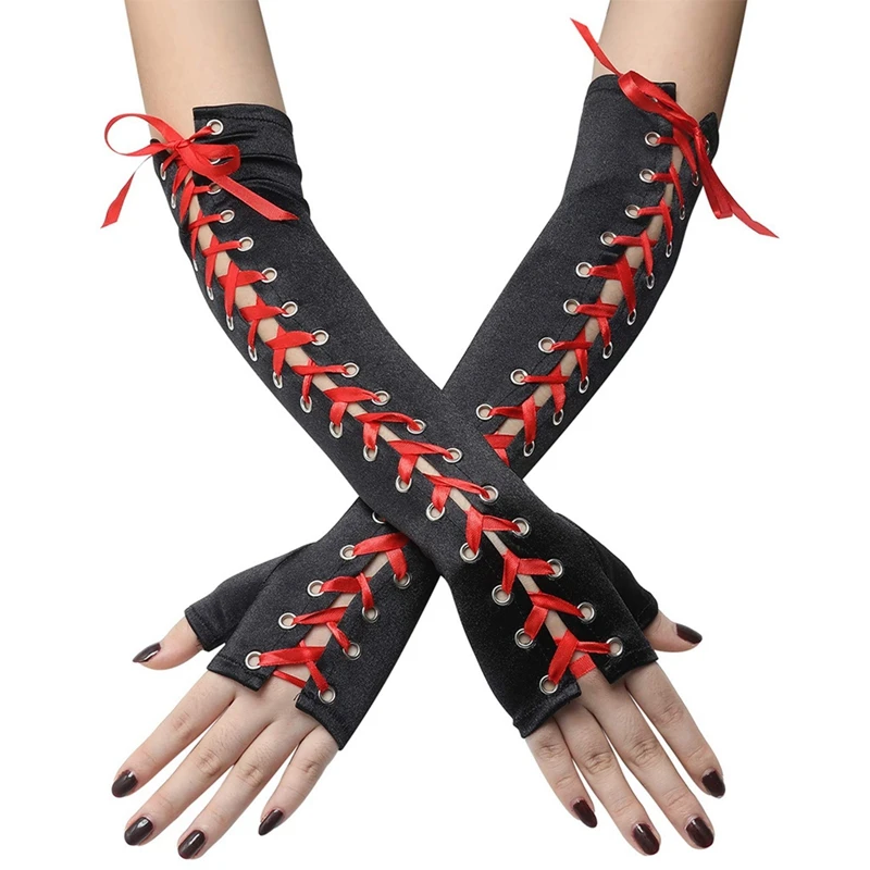

Женские сексуальные кружевные длинные перчатки, зимние перчатки длиной до локтя с полупальцами, сетчатая лента, этикетка для вечеринки