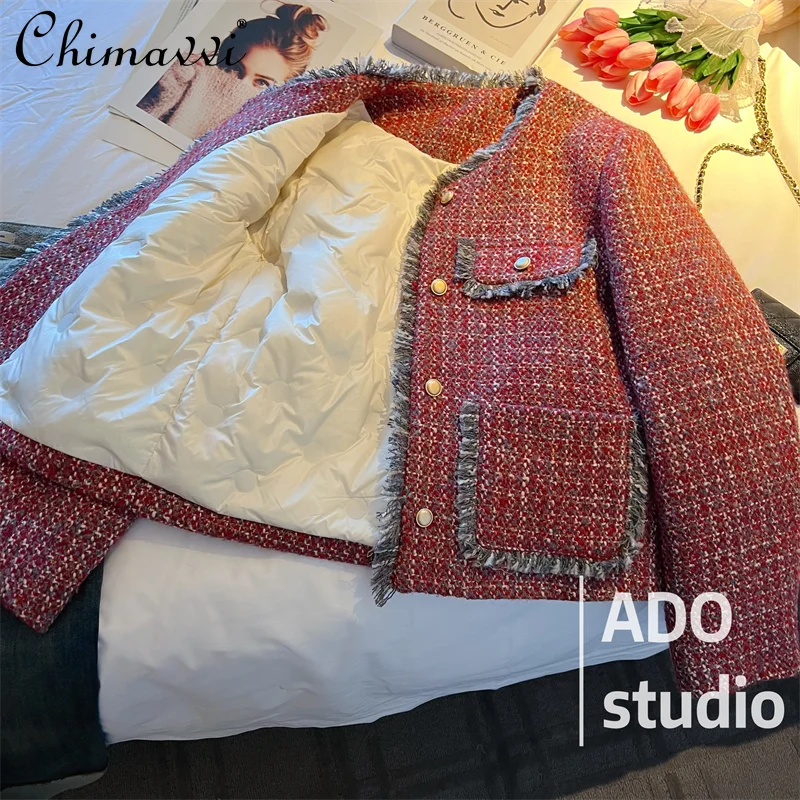 

Office Lady Winter New Red Fashion Down Jacket French Style Temperament Ladies Long Sleeves Warm High-Grade Coat for Women