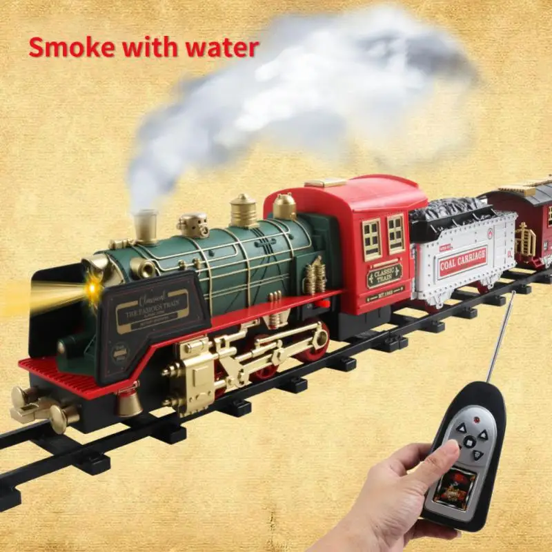 

Electric Smoke RC Steam Train Rechargeable Set Model Kids Toy Remote Control Rail Car Smoke Lights Sounds Railway Train For Gift