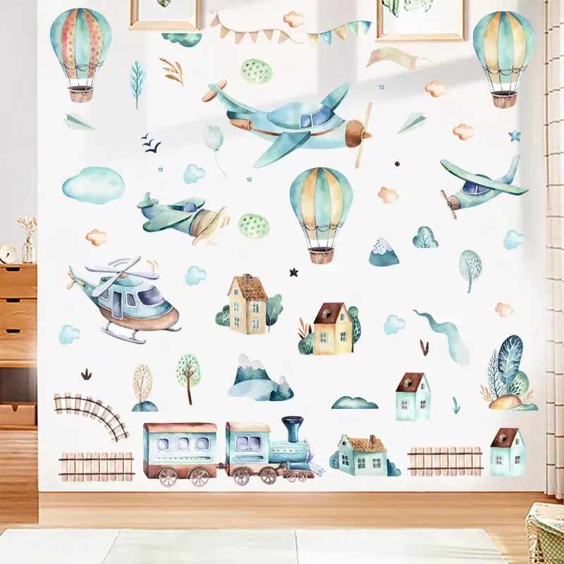 

2022 Cartoon Airplane Train Wall Stickers Hot Air Balloon Stickers for Kids Room Nursery Decoration Wall Decals