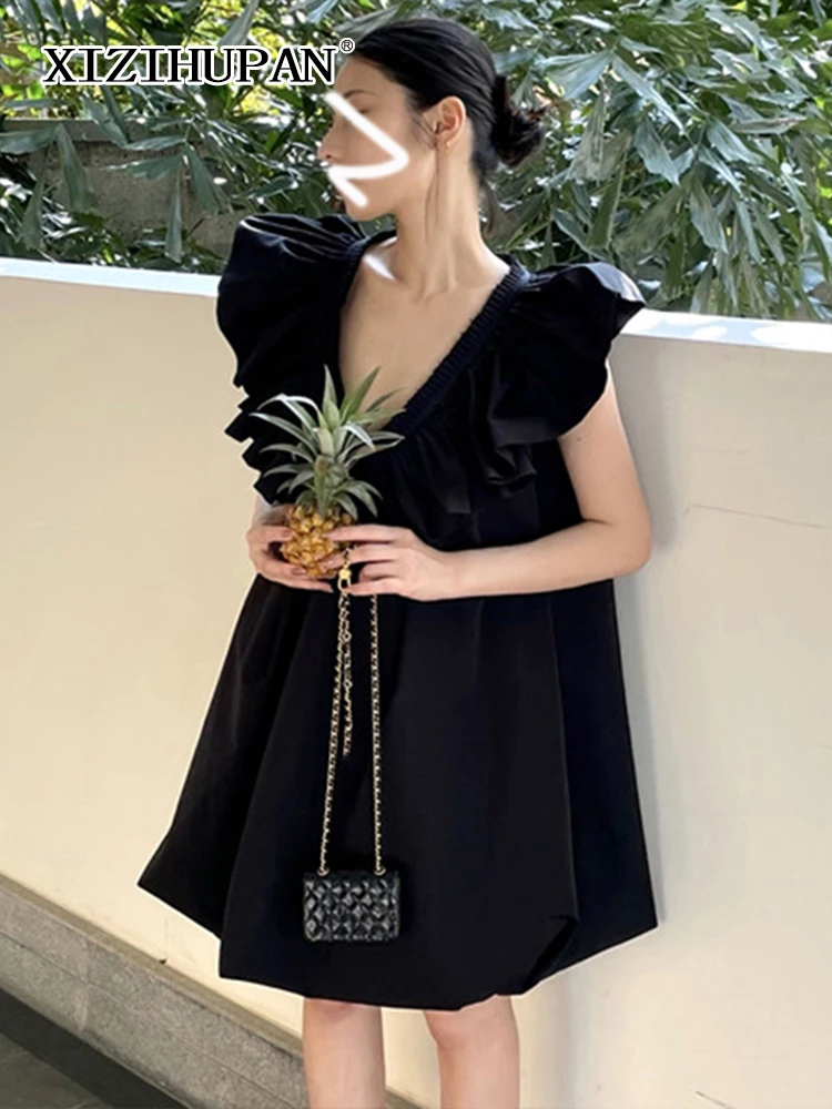 

XIZIHUPAN Korean Style White Dress For Women V Neck Butterfly Sleeve Patchwork Ruffles High Waist Dresses Female Fashion Clothes