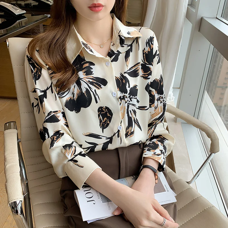 

Шифоновая женская блузка, рубашка-поло для девочек, Топ с длинным рукавом и принтом, весна-осень, повседневные свободные женские блузы, модн...