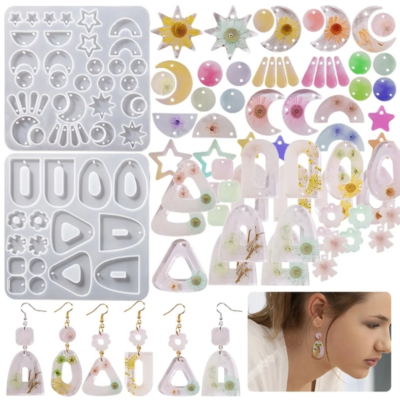 

A0KD Geometric Star Moon Earrings Pendant Resin Mold Eardrops Silicone Moulds DIY Silicone Resin Ornament Beginner Tools