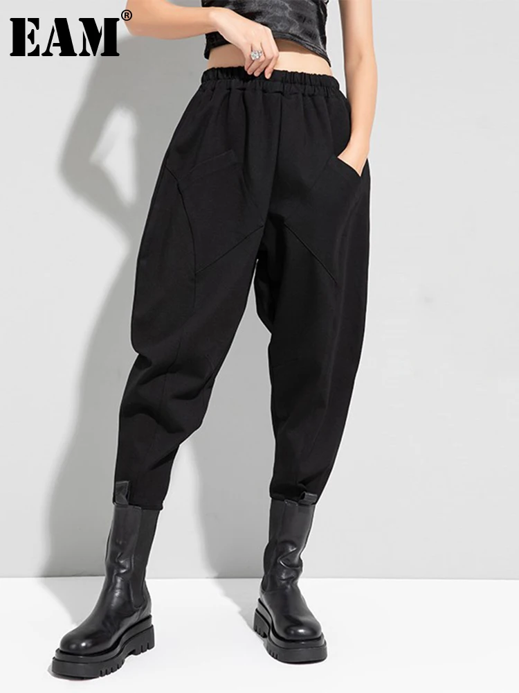 

[EAM] High Elastic Waist Black Shaped Long Thick Harem Pants New Loose Fit Trousers Women Fashion Spring Autumn 2023 1DF1326