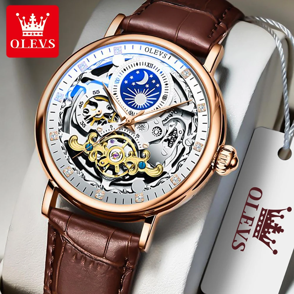 100% Original OLEVS Automatic Mechanical Watches for Men Leather Strap Luxury Hollow Flywheel Waterproof Men's Wristwatch New In