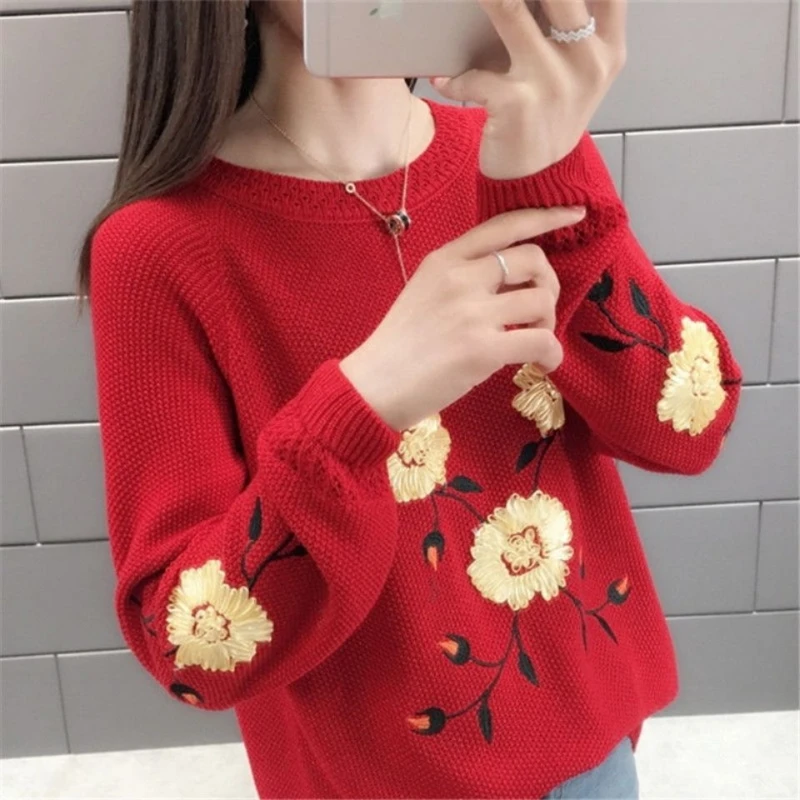 

2023 New Women Knitted Sweaters Bottoms Female Print Sweater Thin Long-Sleeved O-Neck Pullover Ladies Loose Jumper Knitwear G16