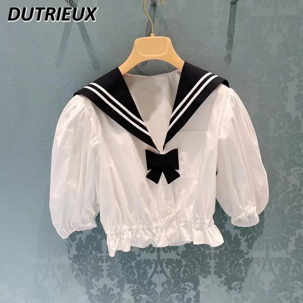 

White Puff Sleeve Short Shirt Navy Style Fashion All-Matching Top 2023 Spring and Summer New Blouse Sailor Suit Camisa Feminina