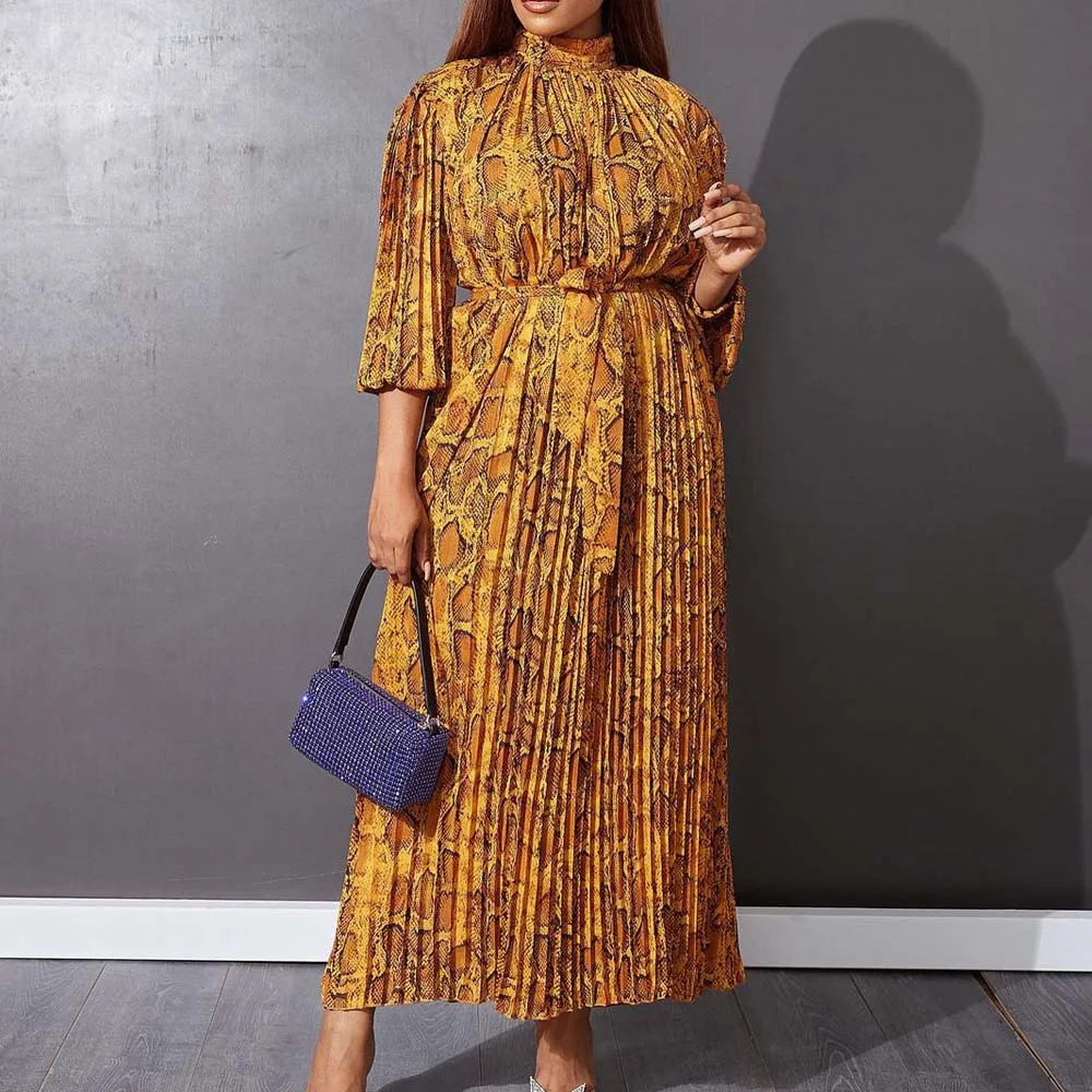

Printed Pleated Waist-tie African Maxi Dress Loose Turtleneck Long Sleeves Business Casual Office Lady Summer 2022 New