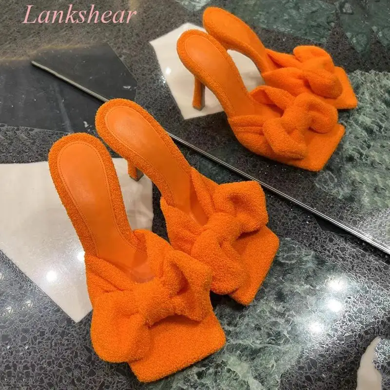 Сандалии женские махровые на шпильке дизайнерская эластичная обувь украшенная