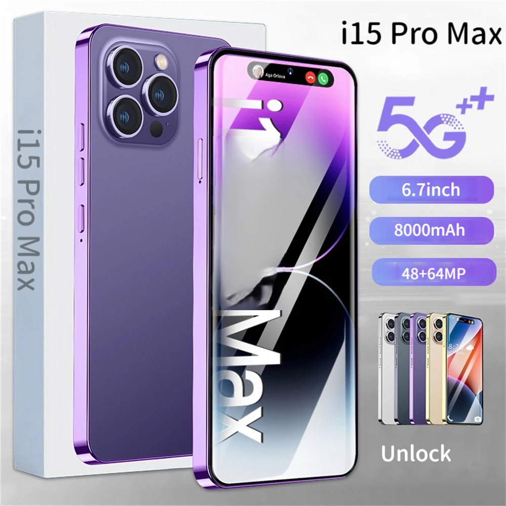 I15 Pro Max Face ID Smartphone 6.7 Inch Screen Fingerprint Unlock Cellphones 16GB+1TB 4G 5G Cell Phone 8000mAh Mobile Phones