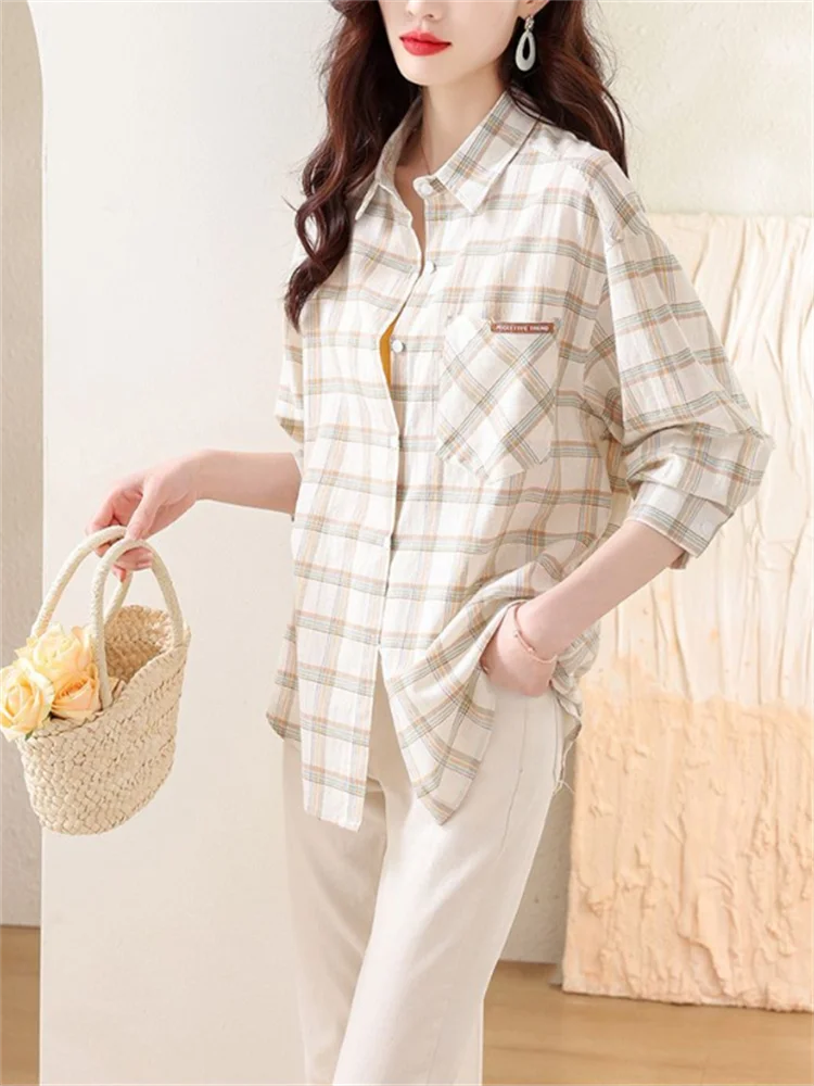 Простая блузка женская рубашка с длинным рукавом клетчатый топ из хлопковой