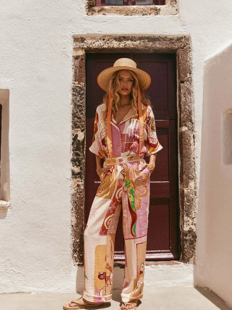 Женский Повседневный костюм из блузки и брюк свободная летняя рубашка с коротким