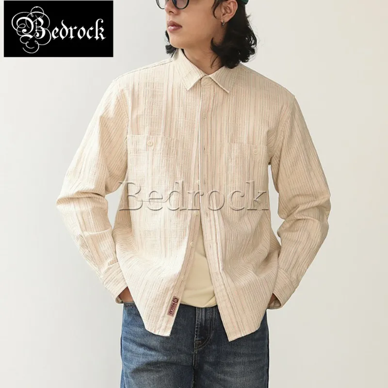 MBBCAR American style vintage 100% cotton beige shirts for men 4 yarn-dyed simple one wash casual Men's shirts and blouses 9236