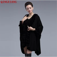 women black poncho winter big rabbit fur collar ball shawl capes oversize knitted long cashmere batwing sleeves streetwear coat