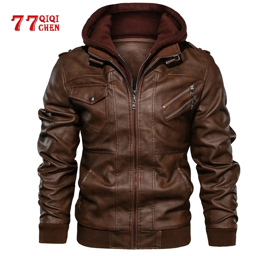 Men's Leather Jacket Casual Motorcycle Removable Hood Pu Leather Jacket 2021 New Male Oblique Zipper European size jaqueta couro