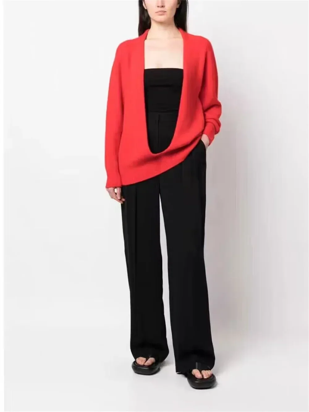 

Женский свитер с глубоким V-образным вырезом на плечах, новинка, Женский однотонный Свободный пуловер с длинным рукавом, топы для ранней осени 2023