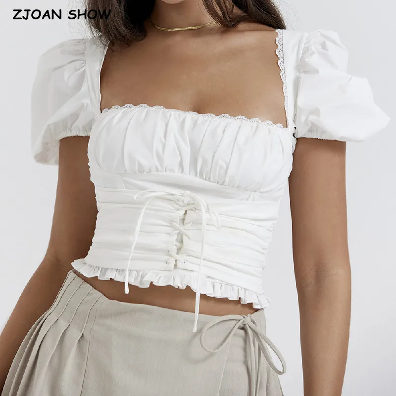 

2023 Sexy Corset White Ruched Chest Square Collar Short Puff Sleeve Shirt Women Cross Lacing up Bandage Waist Bodycon Crop Tops