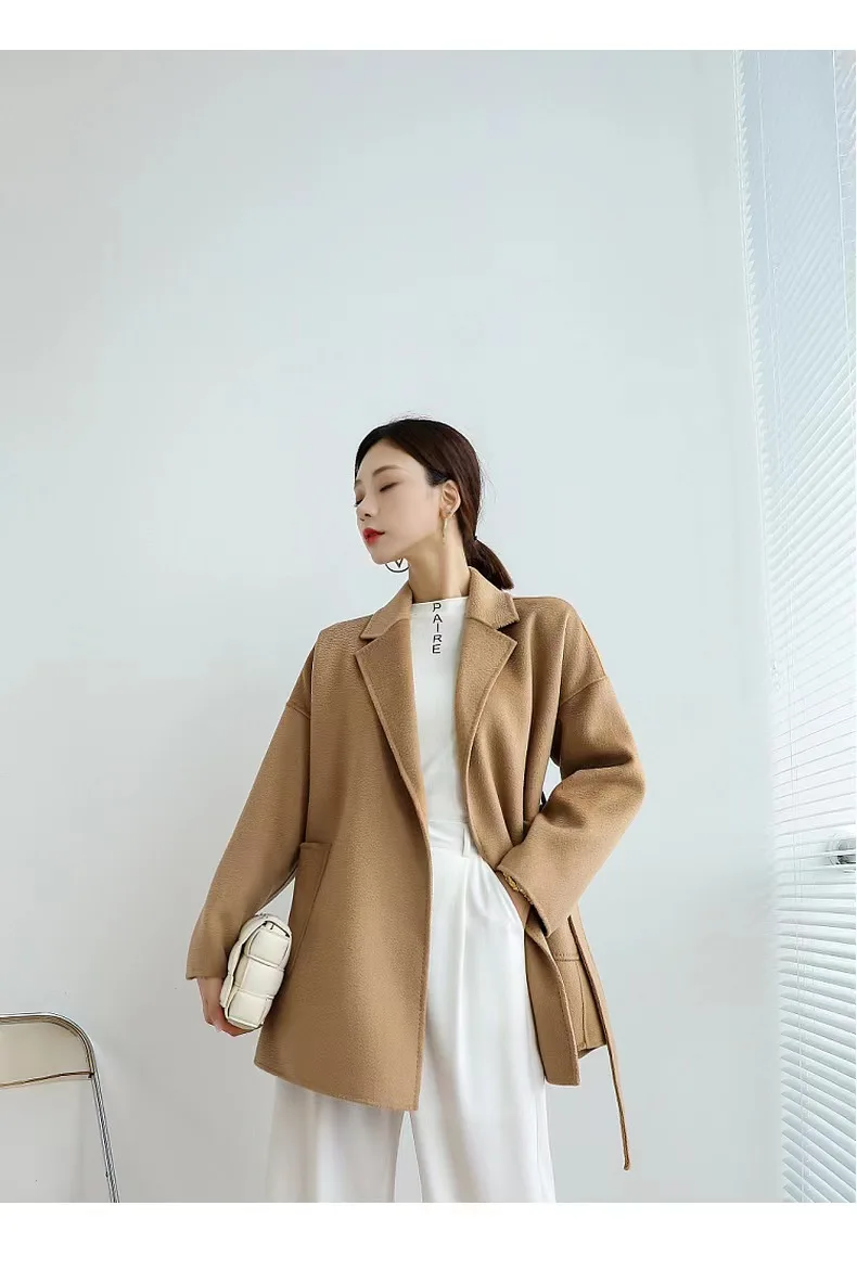 

Water Ripple Wool Coat Women's Autumn Coat Female Mid-length Black Coat Loose Lace Beige Coat Camel Fashion Casual Coat