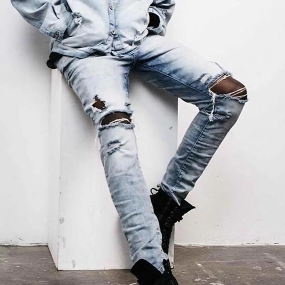 

Джинсовые брюки, облегающие мужские рваные модные джинсовые брюки, обтягивающие Стрейчевые длинные джинсы, разрушенные брюки