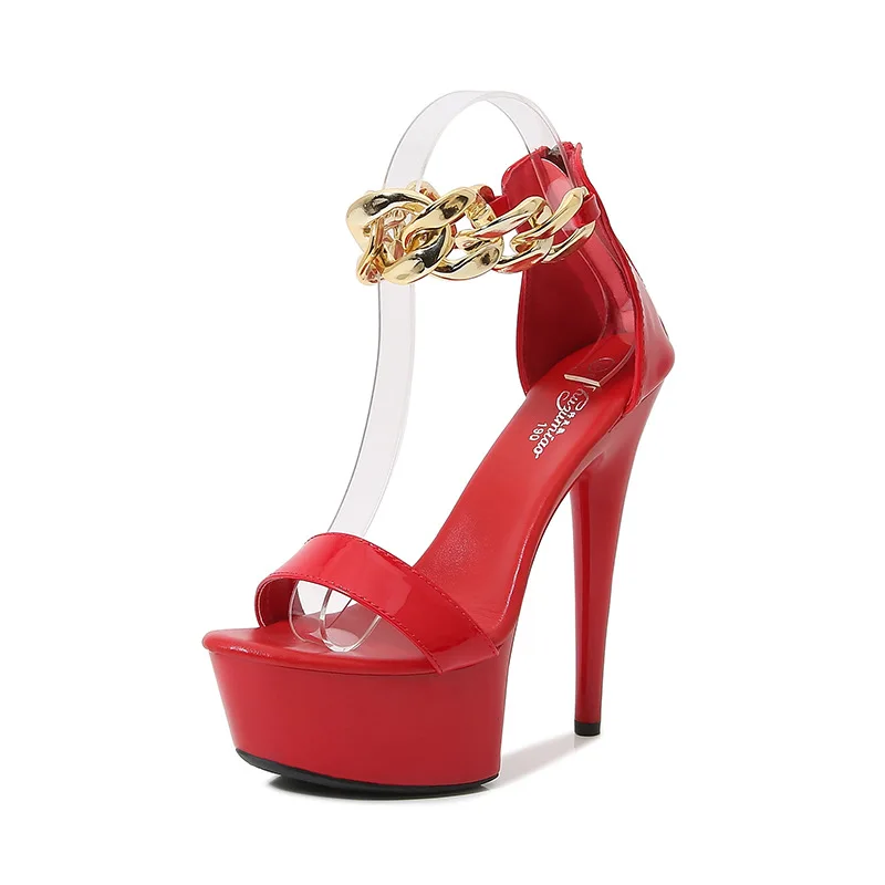 

Stripper Heels Women Sandal Female Model T Station Catwalk Sexy Metal Chain Designs Shoes High Heels Waterproof Head Sandals