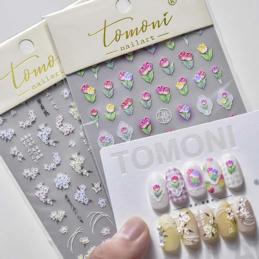 

Colorful Flowers 3D Nail Stickers Colorful Embossed Tulips Pear Blossom Slider Nail Art Water Decals Manicure Nail Tips Decor