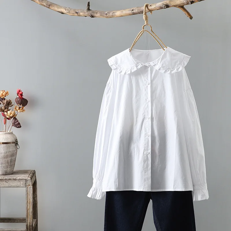 Женская хлопковая рубашка с воротником Питер Пэн длинным рукавом