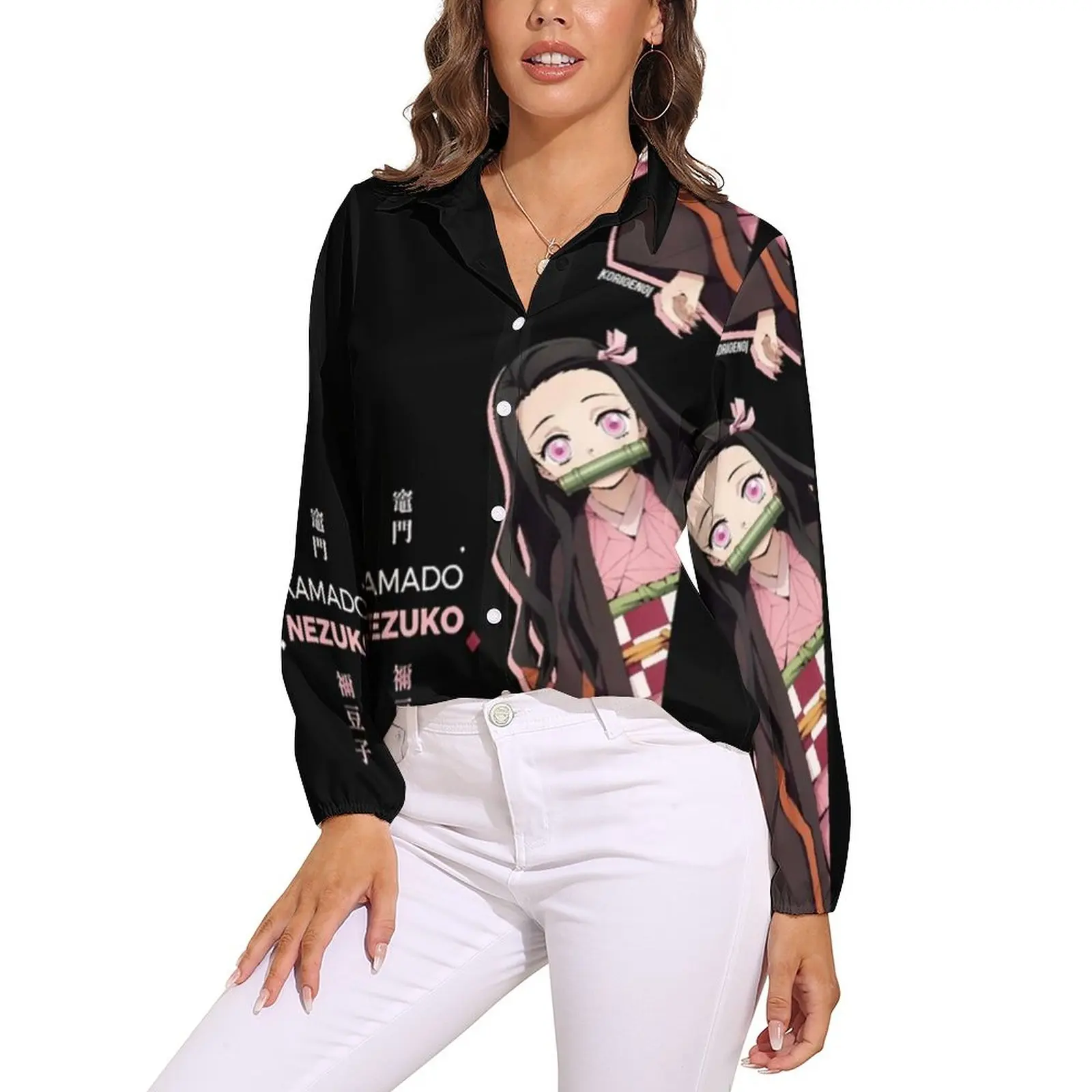 

Nezuko Blouse Japanese V Neck Retro Large Size Woman Shirt Social Top Shirts