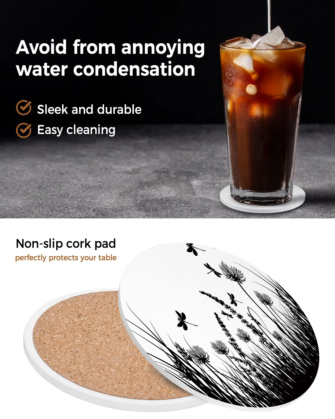 Подставки с черными цветами травой стрекозой керамический набор круглые