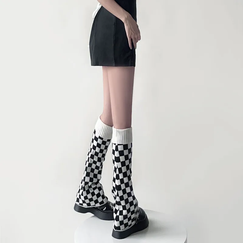 Women Knitting Leg Warmers School Student Cotton Plaid Foot Cover Socks   Middle Tube