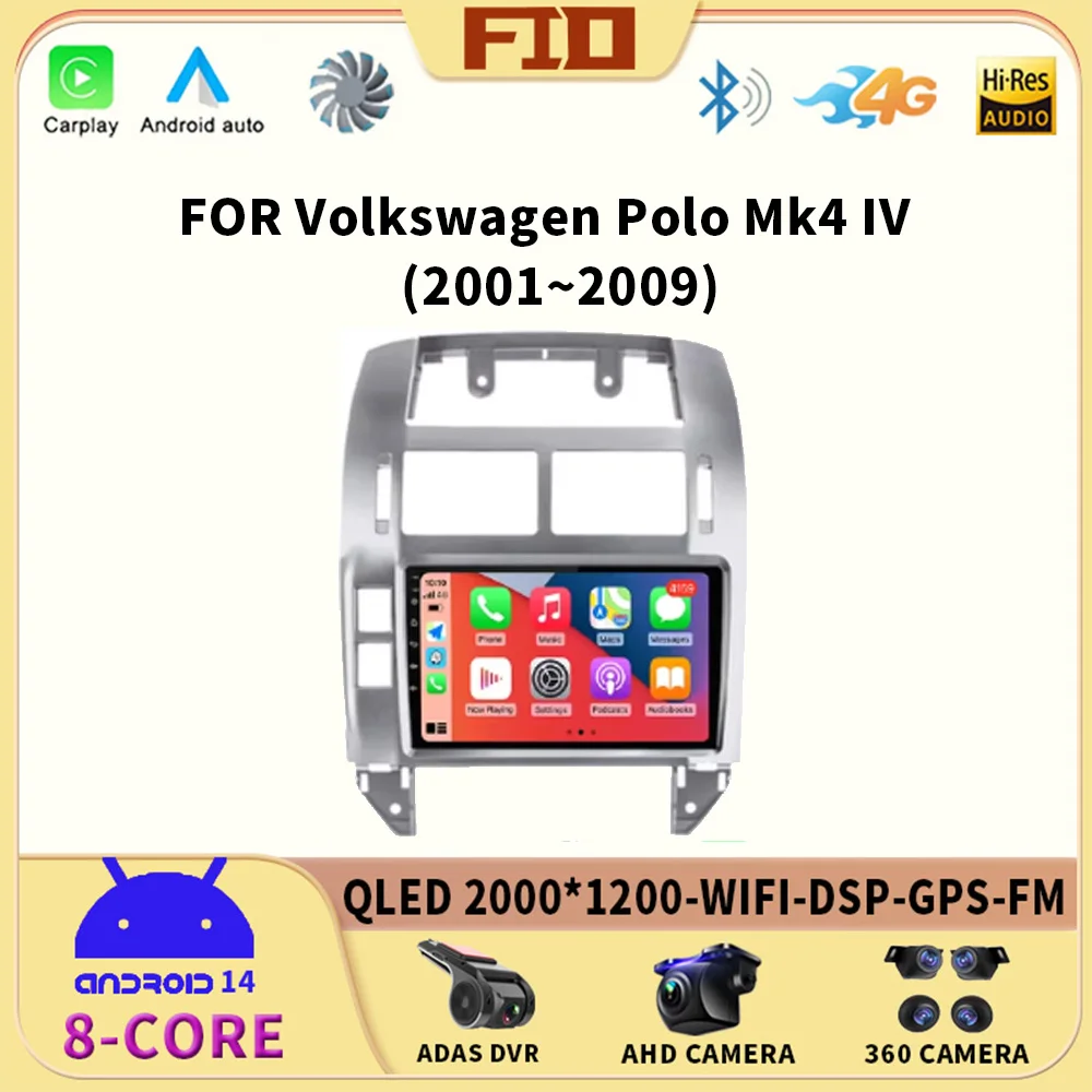 Автомобильное радио Android 14 Carplay для Volkswagen Polo Mk4 IV 2001-2009 мультимедийный видеоплеер