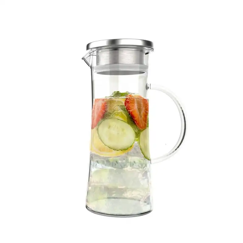 

Pitcher-50oz. Carafe with Stainless Steel Filter Lid- Heat Resistant to 300F-For Water, Coffee, Tea, Punch, Lemonade and More by