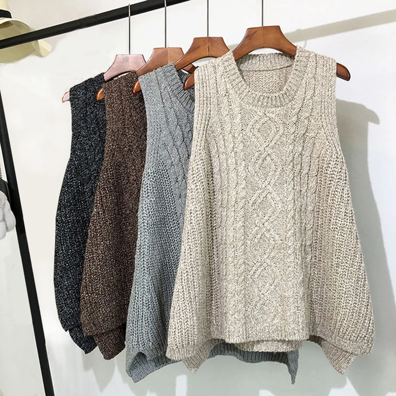 

Autumn and winter clothing thick wool vest female knitted vest loose large size round neck in the long section of the wild vest
