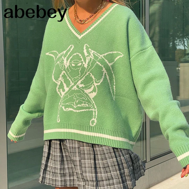 

Y2K Chic Print Streetwear Oversized Sweater Women's Casual Autumn Winter Knitted Jumper Fashion Loose Knitwear Pullovers