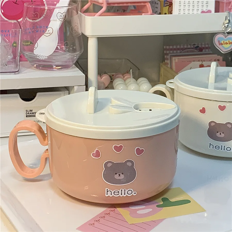 

Stainless Steel Noodle Bowl Insulated Bucket Student Large Capacity Dormitory Bowl with Lid Drainable Rice Bowl Set