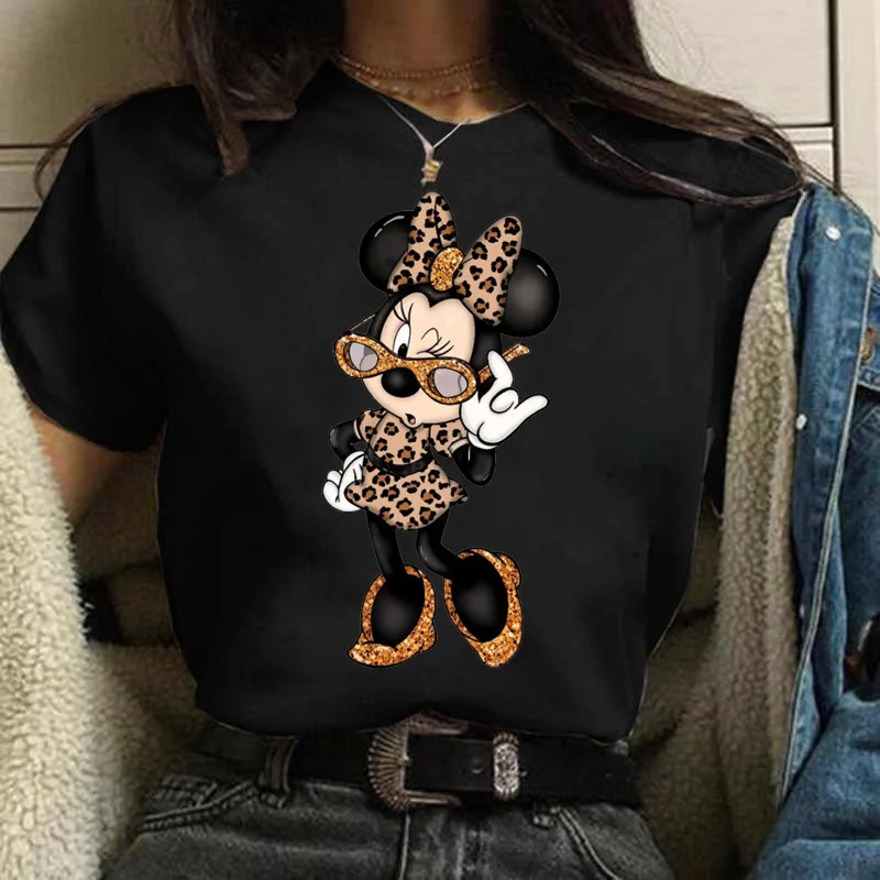 

T-shirt Women's Leopard Minnie Mouse Disney Fashion Clothing Short Sleeves Tops Minnie Casual Kawaii T Shirts Oversized Clothes