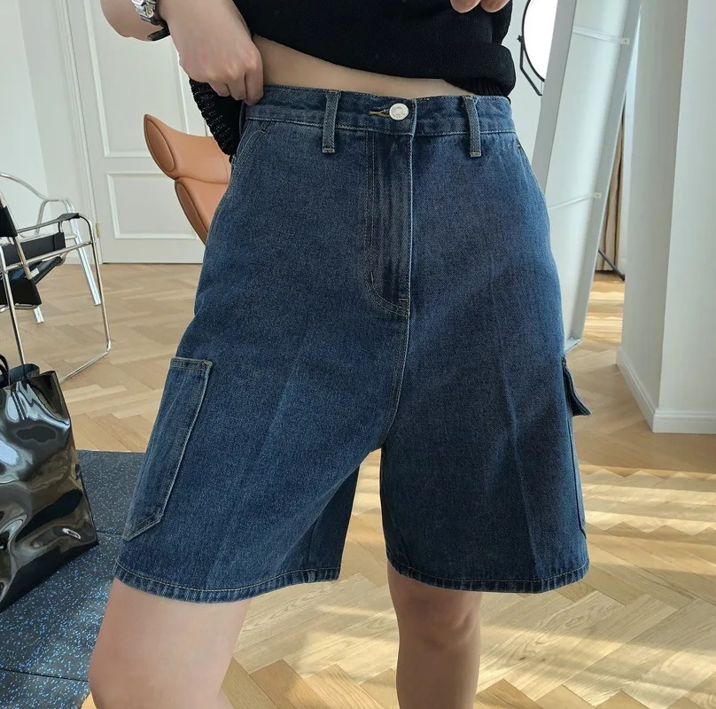 

Indie High Waist Blue Denim Y2K Pocket Straight Shorts 2021 Summer New Street Fashion Women Loose Wild Five-point Solid Shorts