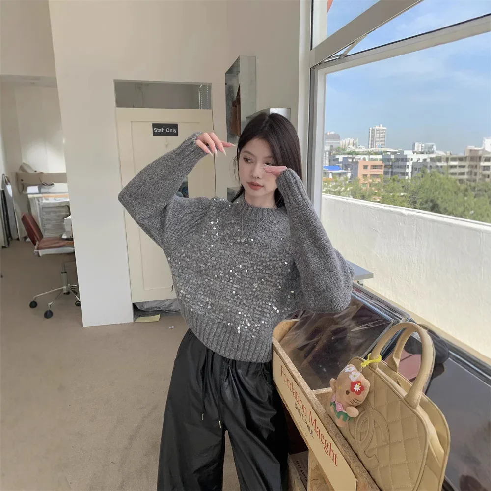 Женский осенне-зимний повседневный вязаный свитер с круглым вырезом