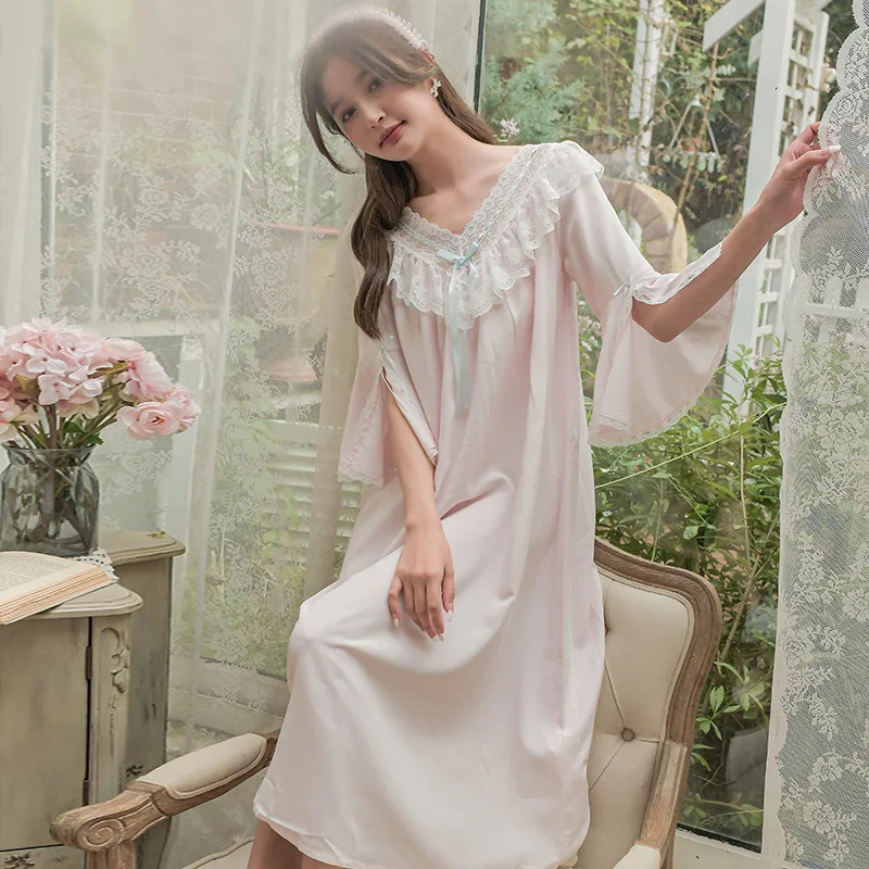 Spring 2022 New Retro Palace Style Nightgown Women's Cotton Lace Princess French Nightdress Long Lady Sleepwear Nightwear