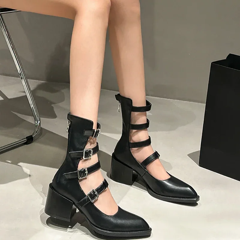 Женские ботильоны с острым носком модные короткие металлической пряжкой и