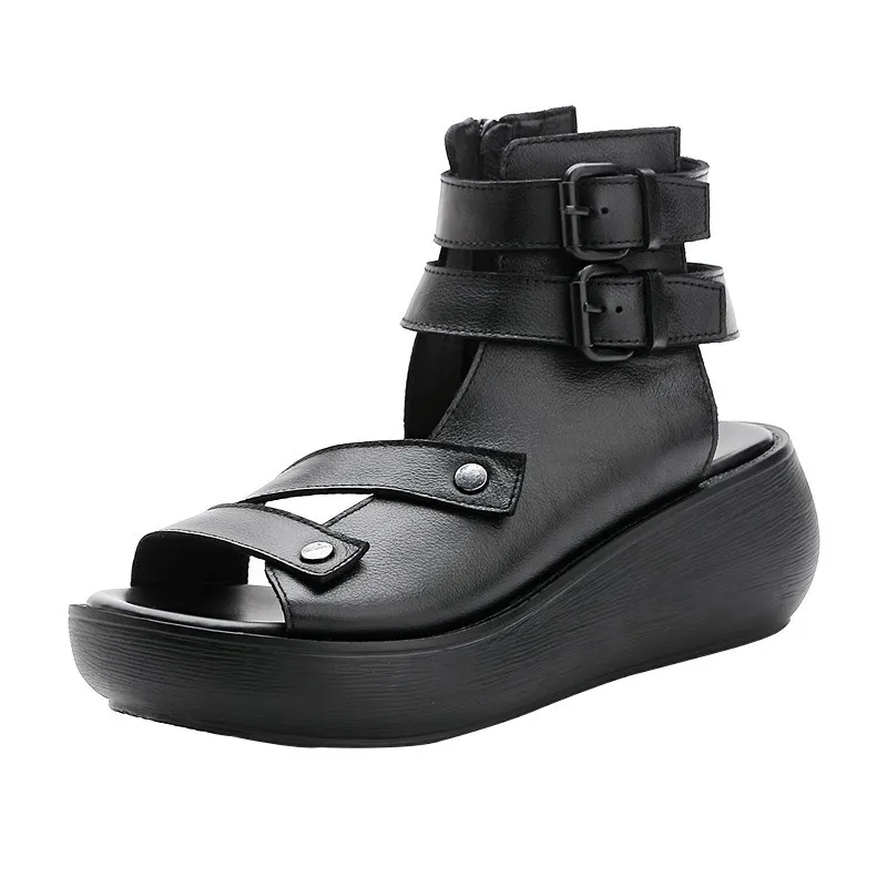 

Women Sandals Summer 2023 Mid Heeled Wedges Shoes Retro Leather Gladiator Platform Sandalias De Mujer