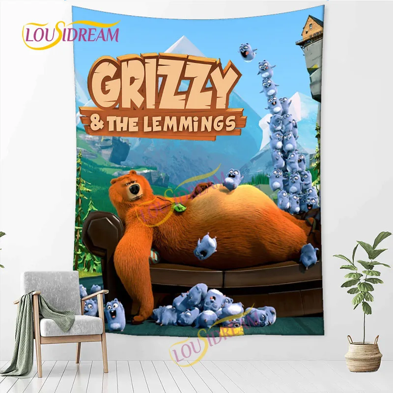 

Cartoon French Grizzy And The Lemmings psychedelic tapestry Home dormitory bedspread Beach towel Home wall art tapestry.