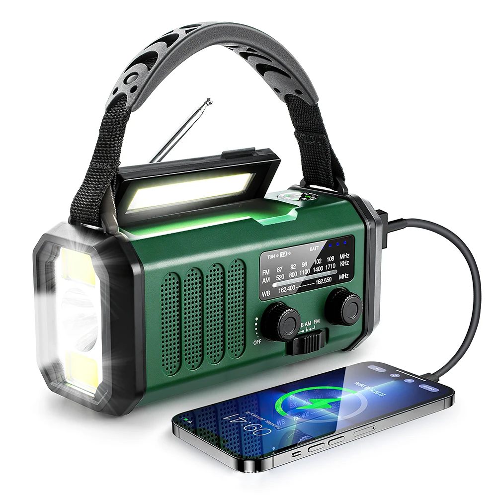 

Портативный фонарик, 10000 дюйма, фонарик, ручная зарядка через USB, лампа для чтения на солнечной энергии с AM, FM, радио, компасом, внешний аккумулятор