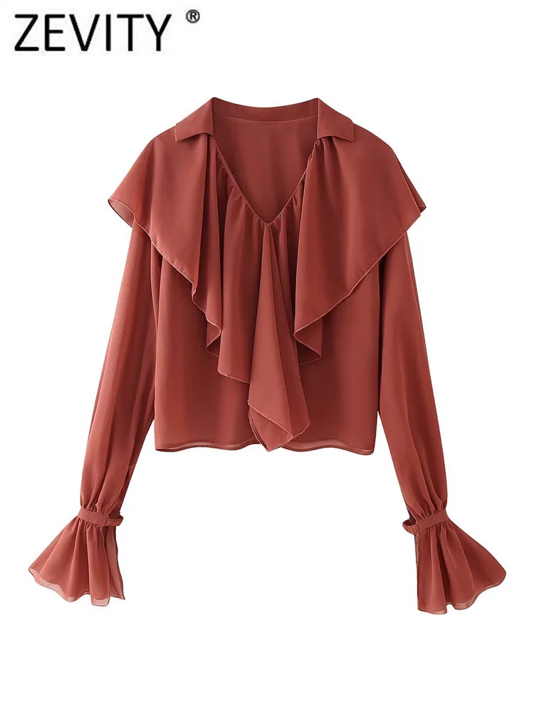 Zevity женская мода с v-образным вырезом и складками оборками однотонная шифоновая