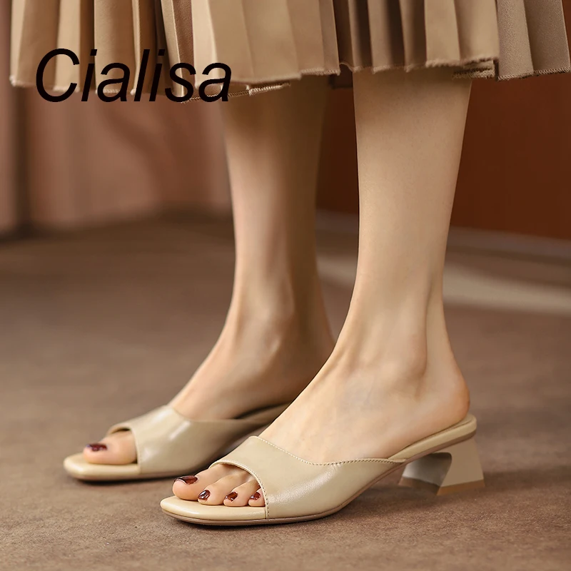 

Cialisa New Arrival Summer Shoes Genuine Leather Casual Mid Heels Open-Toed Slippers Concise Handmade Footwear For Lady Sizes 42