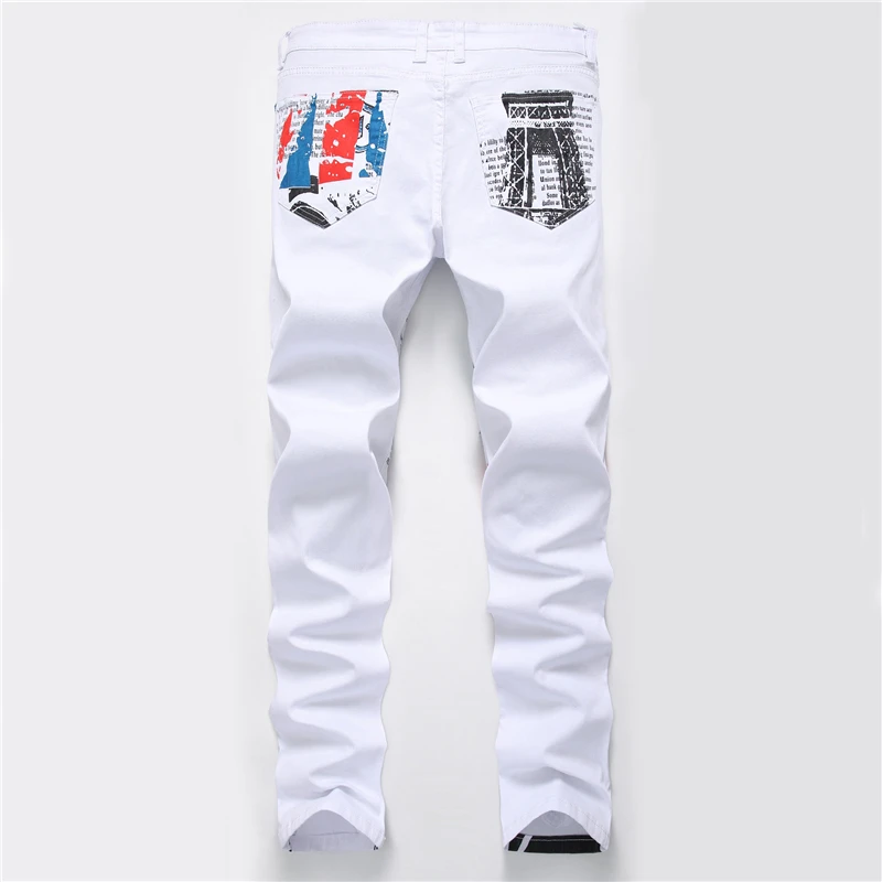 2022 fashion stylish cool mens pants jeans with print graffiti painted denim slim fit white jeans men hip hop rock street wear